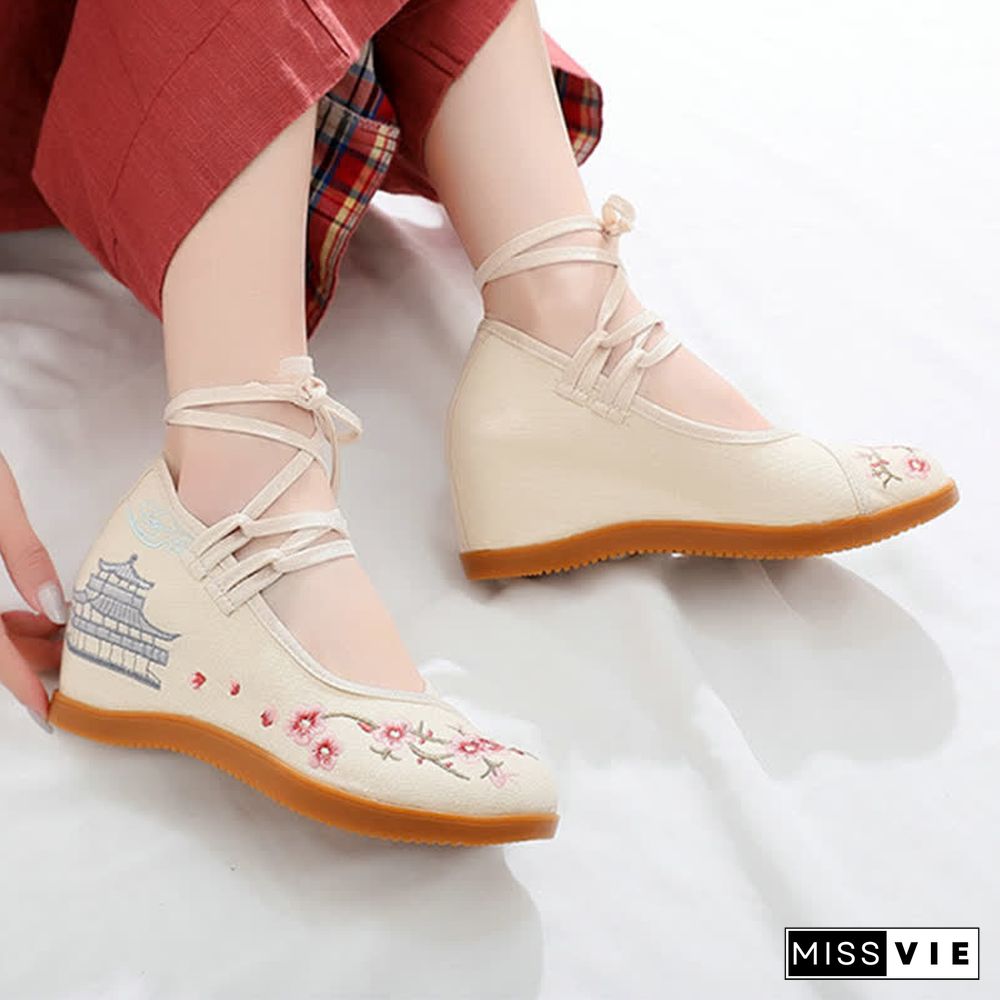 Vintage Blossom Embroidery Lace Up Flats Shoes