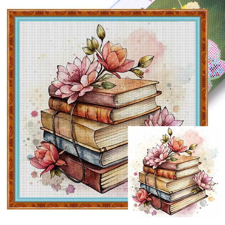 Flowers And Books Pile (40*40cm) 11CT Stamped Cross Stitch gbfke