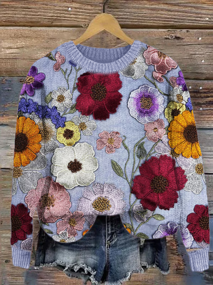 Colorful Wildflowers Lace Embroidered Knit Sweater artswardrobe