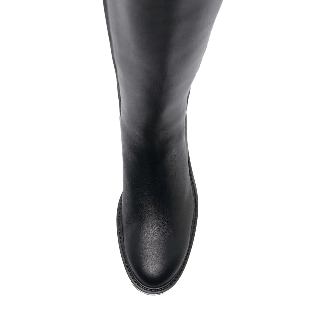 Round Toe Low Chunky Heel Pull Tab Knee High Black Chelsea Boots Women