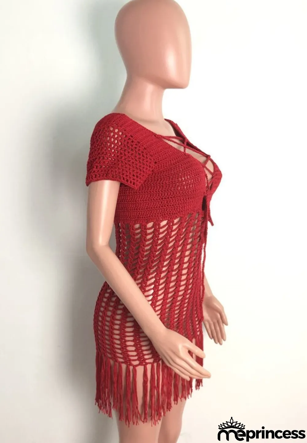 Summer Red Crochet Fringe Dress Cover-Up