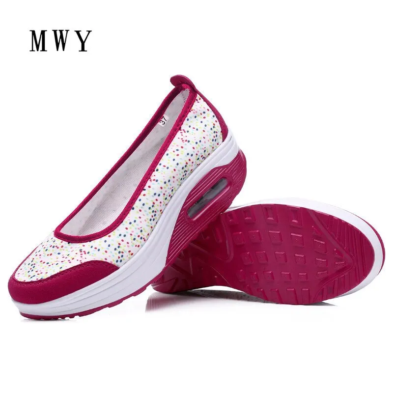 MWY Women Spring Autumn Shoes Stretch Fabric Casual Shoes Swing Wedges Platform Breathable Lady Shoes 4.5 CM Height Increasing
