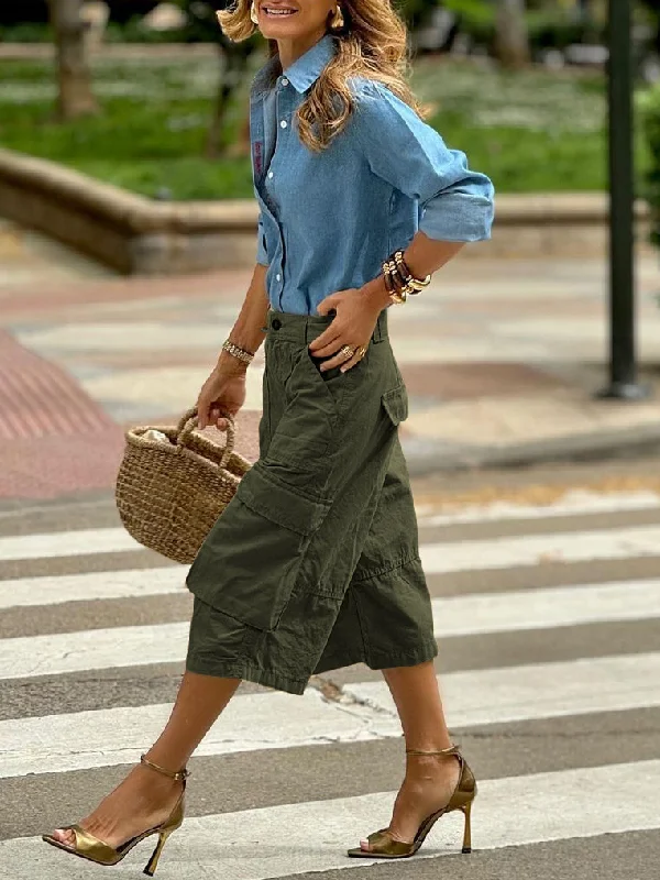 Buttoned Pockets Solid Color Split-Joint Loose Wide Leg Cropped Trousers Capri-Pants