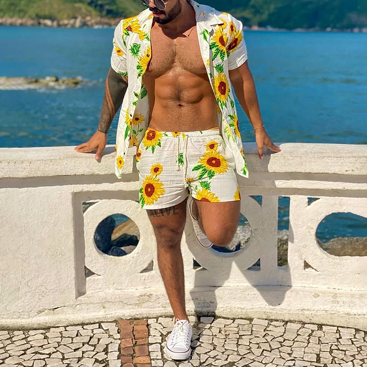 BrosWear Summer Sunflower Hawaiian Shirt And Shorts Co-Ord