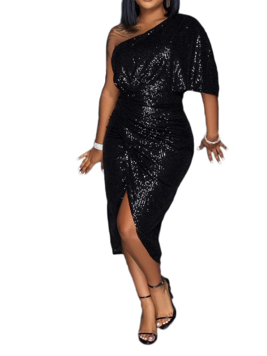 Women plus size clothing Women One Shoulder Sequins Short Sleeve Dress-Nordswear