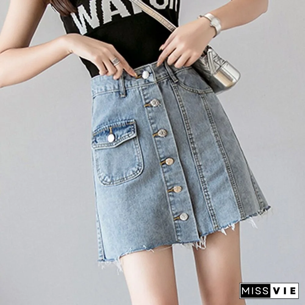 Summer Fashion Tassel Denim Skirts Women Casual A Line Mini Skirts Single Breasted Mujer Skirts Korean Street Wear New