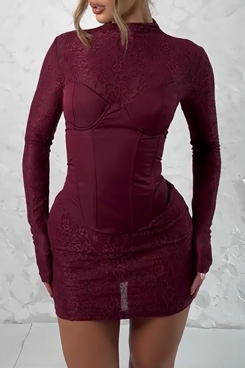 Jacquard Lace Patchwork Corset Long Sleeve Mini Dresses-Burgundy [Pre Order]