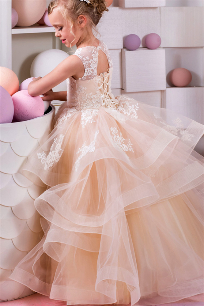 Bellasprom Champagne Tulle Lace Flower Girl Dress Lace-up Sleeveless Bellasprom