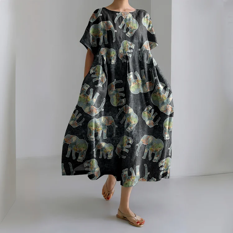 Comstylish Vintage Save Animals Only Elephants Should Wear Ivory In Map Pattern Linen Blend Maxi Dress