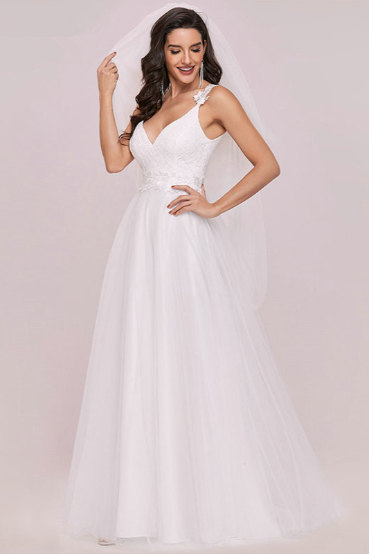 Galmorous A-Line V-Neck Tulle Lace Wedding Dress - lulusllly