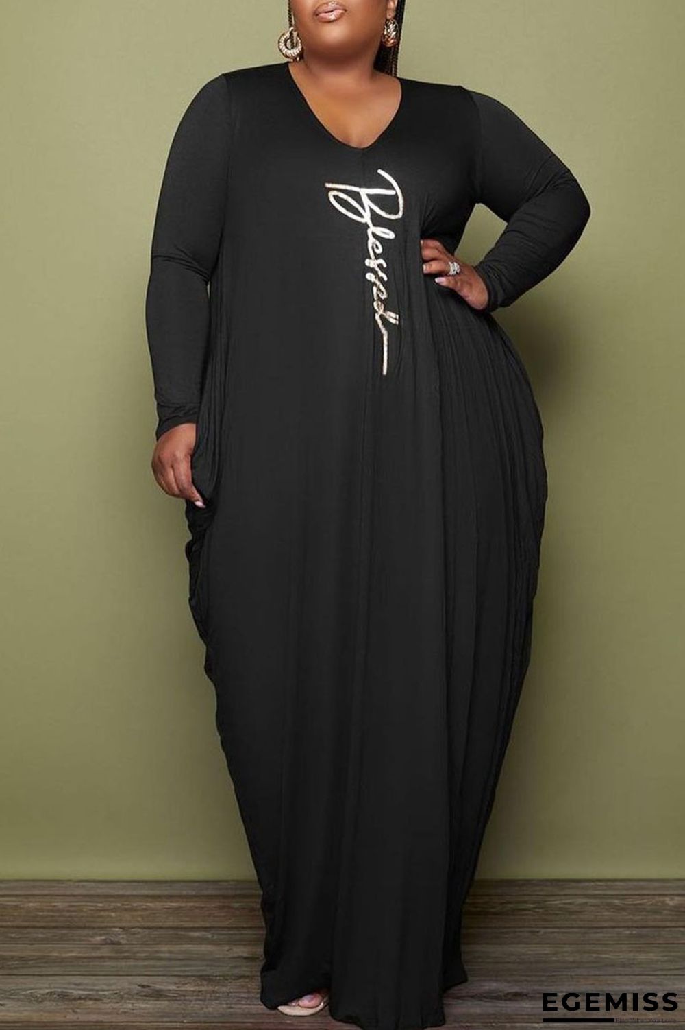 Black Casual Print Patchwork Fold O Neck Long Sleeve Plus Size Dresses | EGEMISS