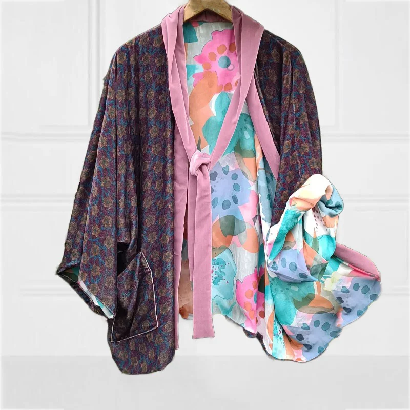 Fashion Lining Floral Print Flower Velvet Short Kimono Duster