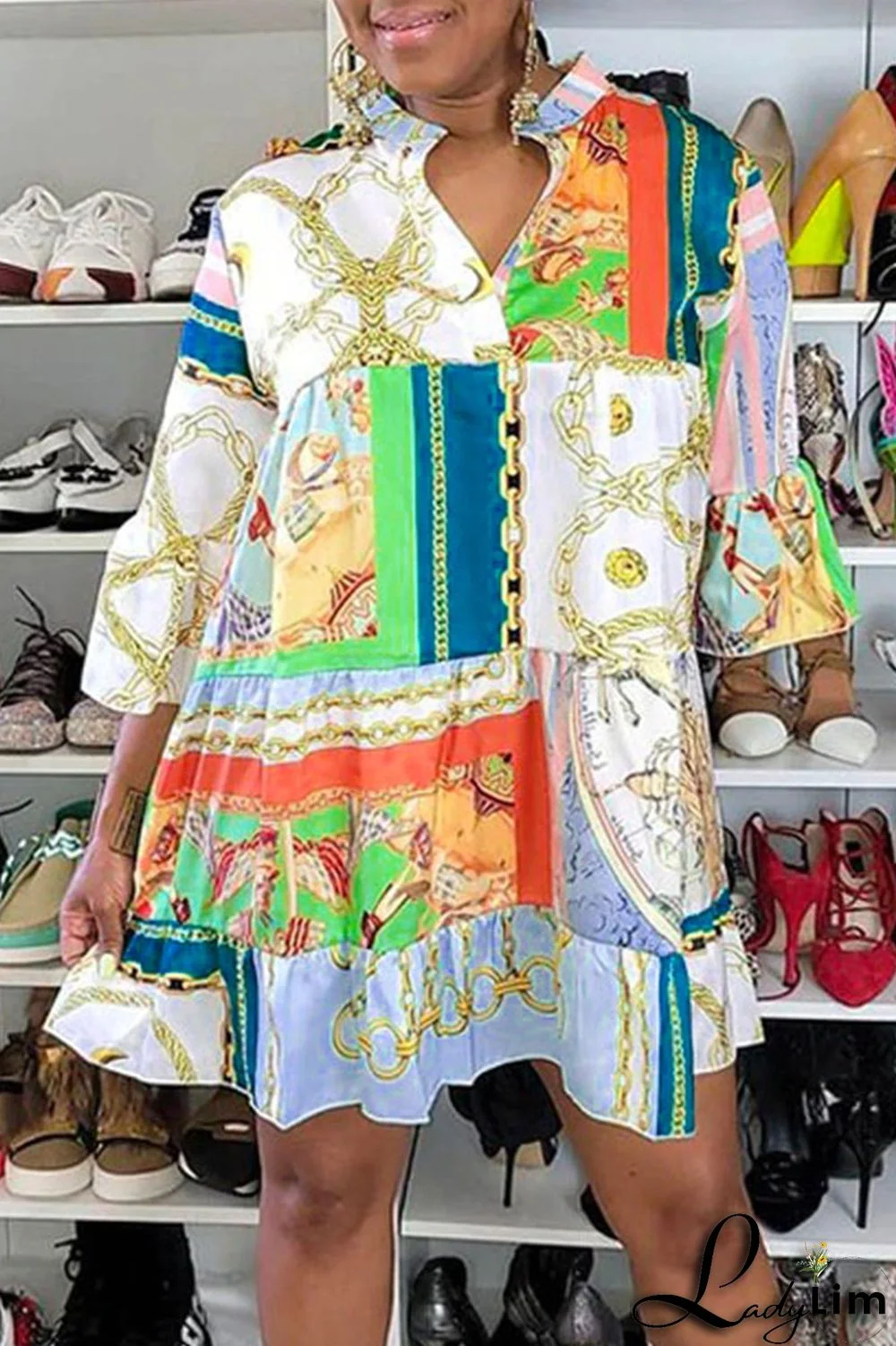 Gold Fashion Casual Print Patchwork V Neck A Line Dresses