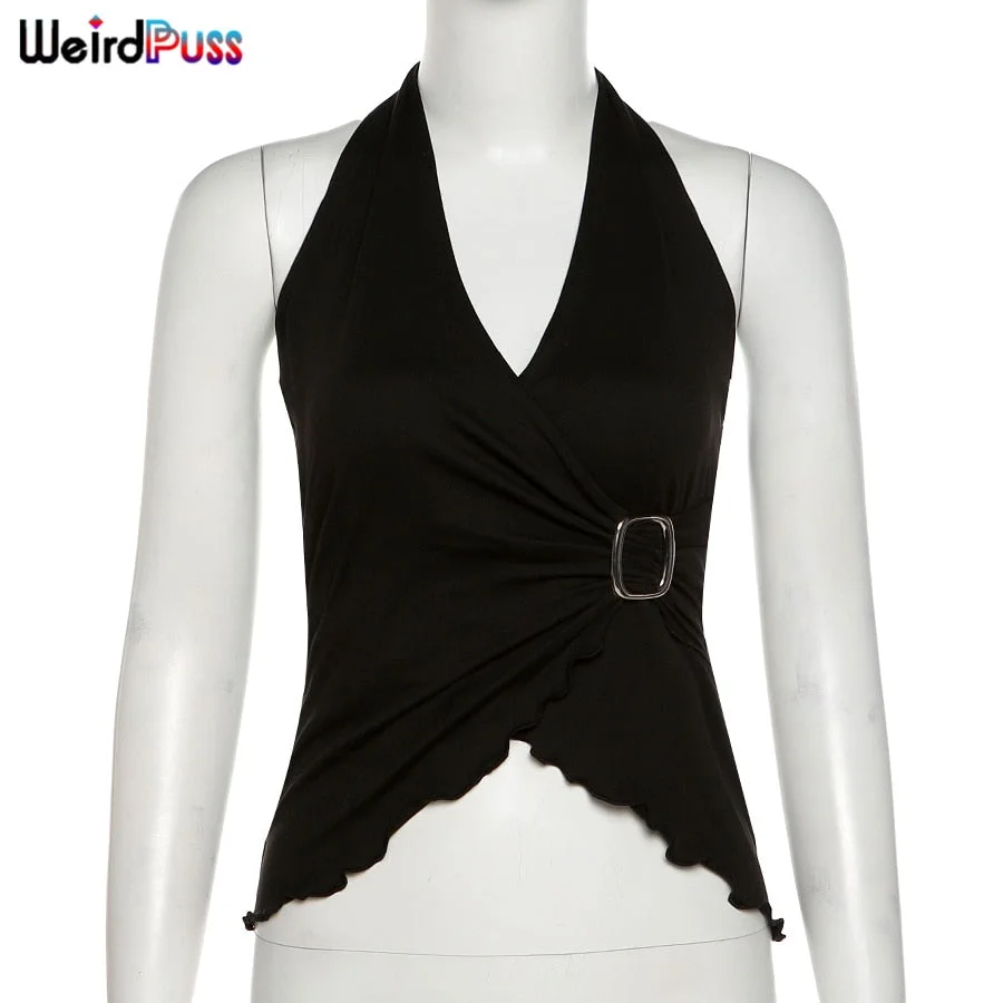 Weird Puss Y2K Fashion Women Bandage Halter Tank Top Elegant Sleeveless Backless Button Asymmetry Solid Casual Streetwear Vest