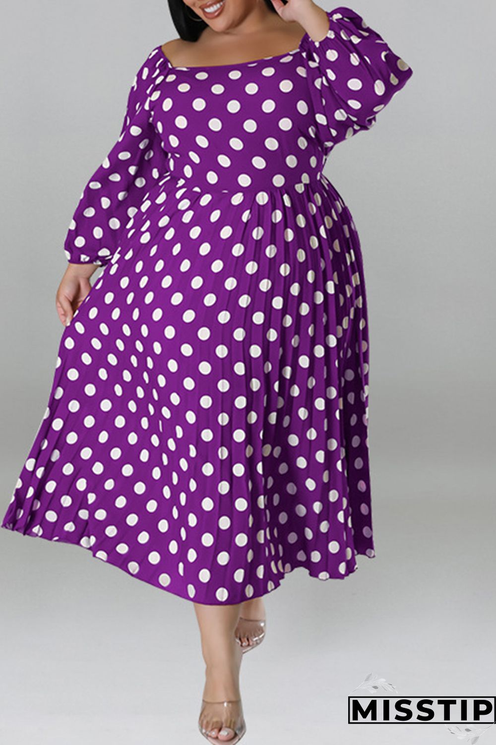 Black Casual Dot Print Patchwork Backless O Neck Long Sleeve Plus Size Dresses (Without Belt)