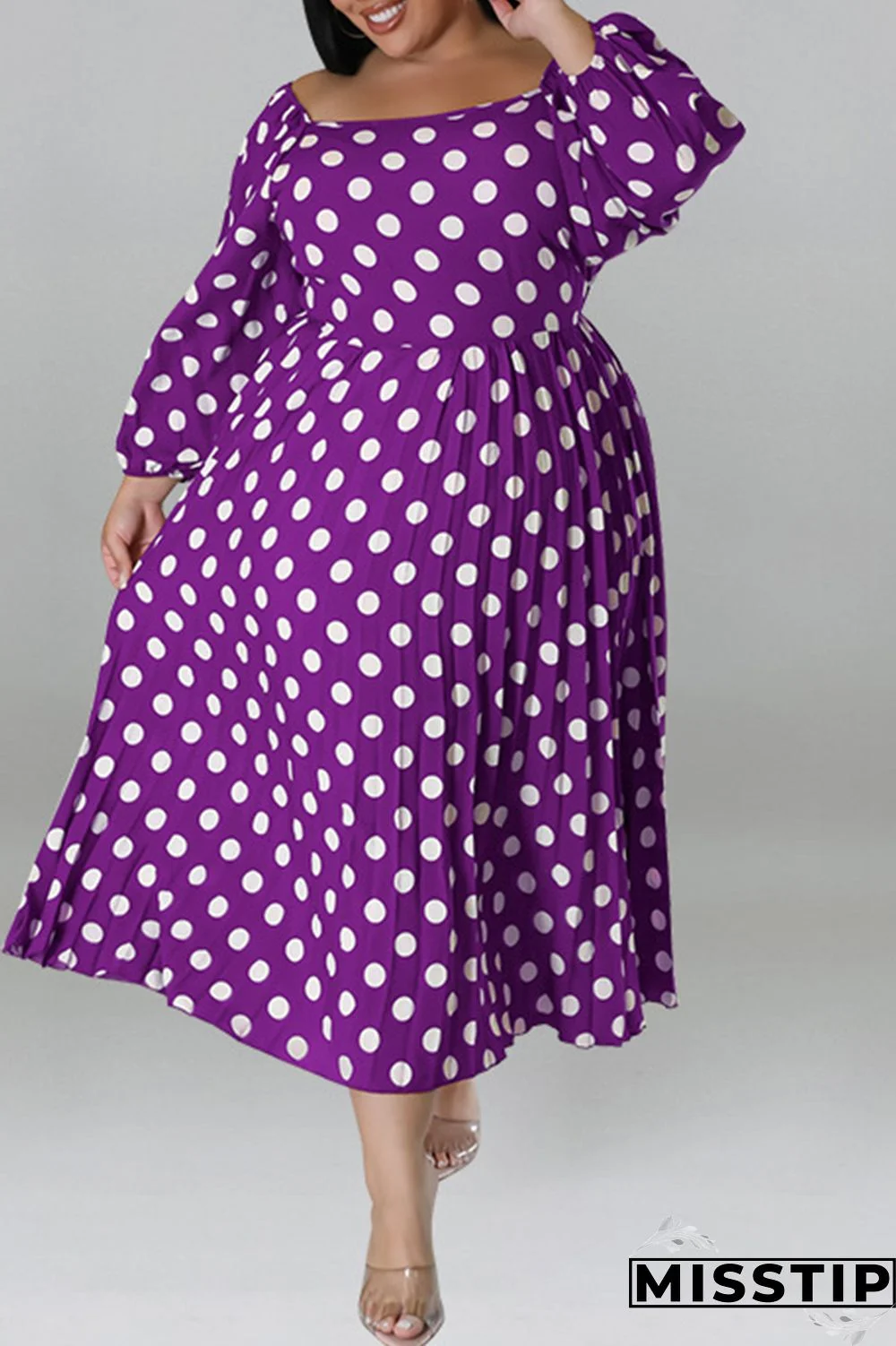 Black Casual Dot Print Patchwork Backless O Neck Long Sleeve Plus Size Dresses (Without Belt)