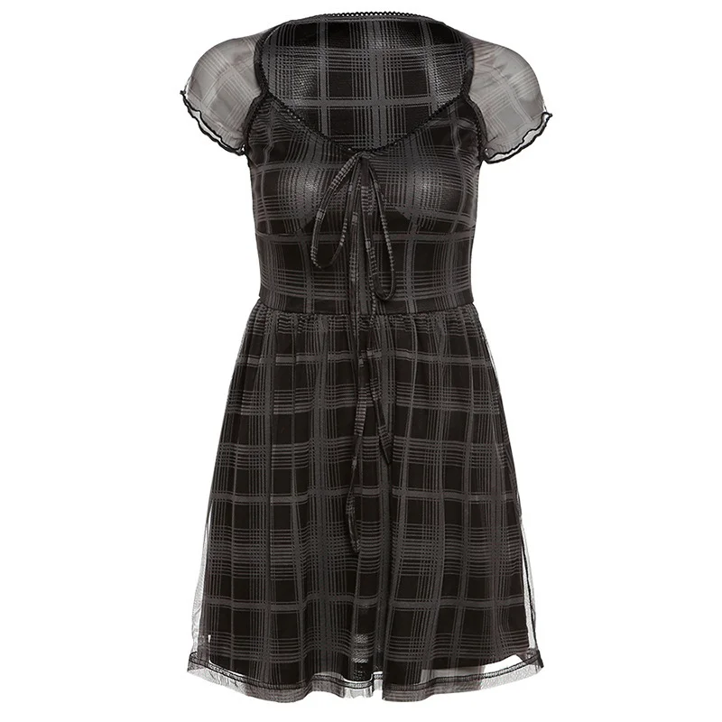 Toloer Toloer Summer Women's Sexy Hot Girl Slim Plaid With Square Collar A-Word Dress-Outfit Ideas