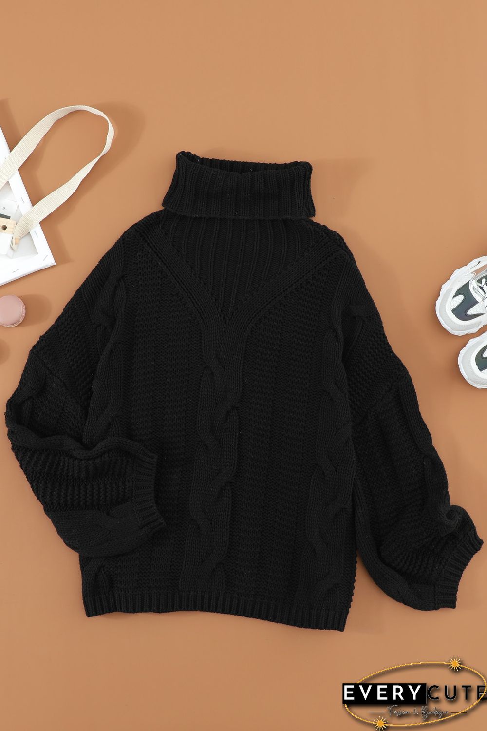 Black Oversize Turtleneck Textured Sweater