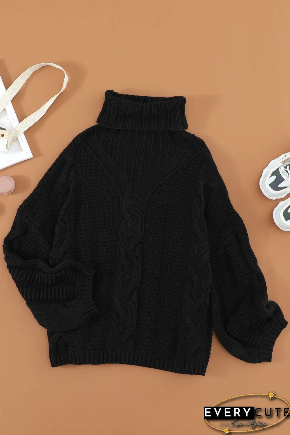 Black Oversize Turtleneck Textured Sweater
