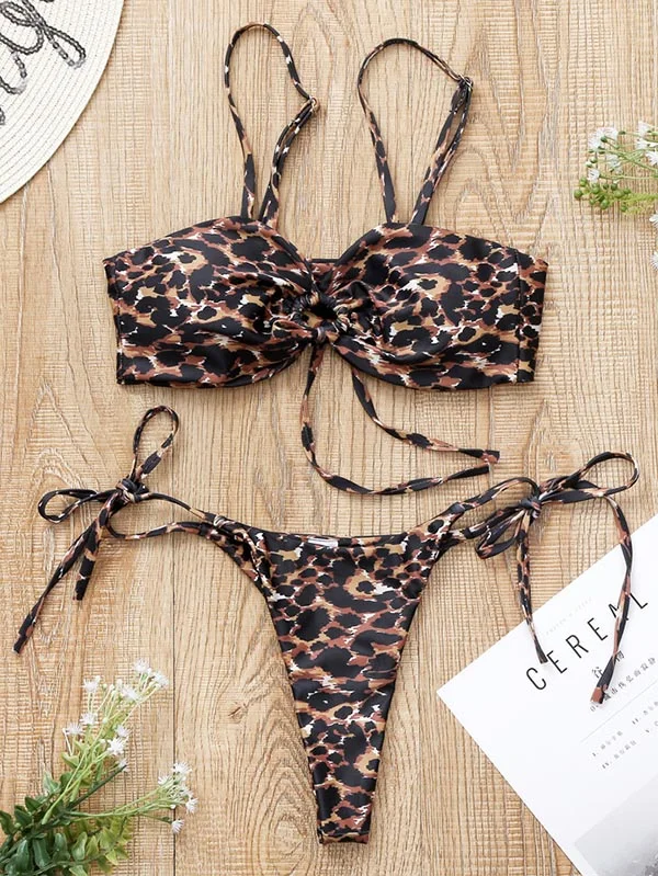 Sexy Leopard Print Bandage Bandeau Split Bikini Swimsuit
