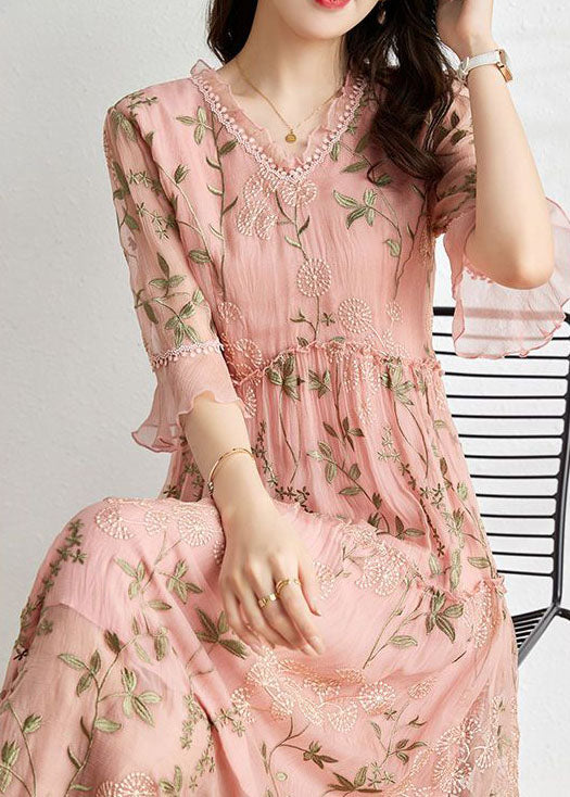 VCSHOES Pink Embroidered Patchwork Wrinkled Tulle Dress Summer