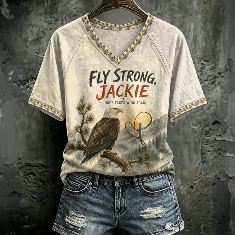 Comstylish V Neck Retro Jackie Fly Strong Hope Takes Wing Again Print T-shirt
