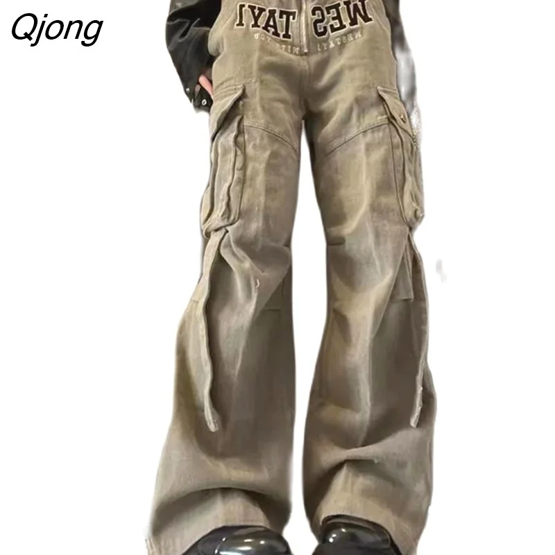 Qjong Hip Hop with Belt Vintage Gothic Cargo Pants Harajuku Straight Wide Leg Trousers Female High Waist Streetwear Emo Punk Pants