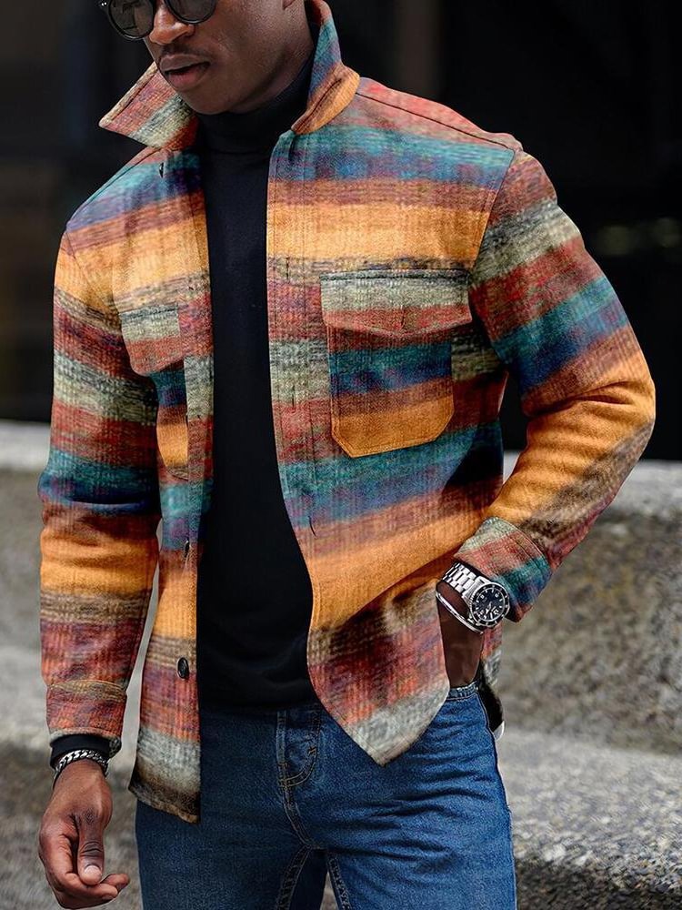Men's Fashion Casual Striped Printed Long Sleeve Shirt Jacket