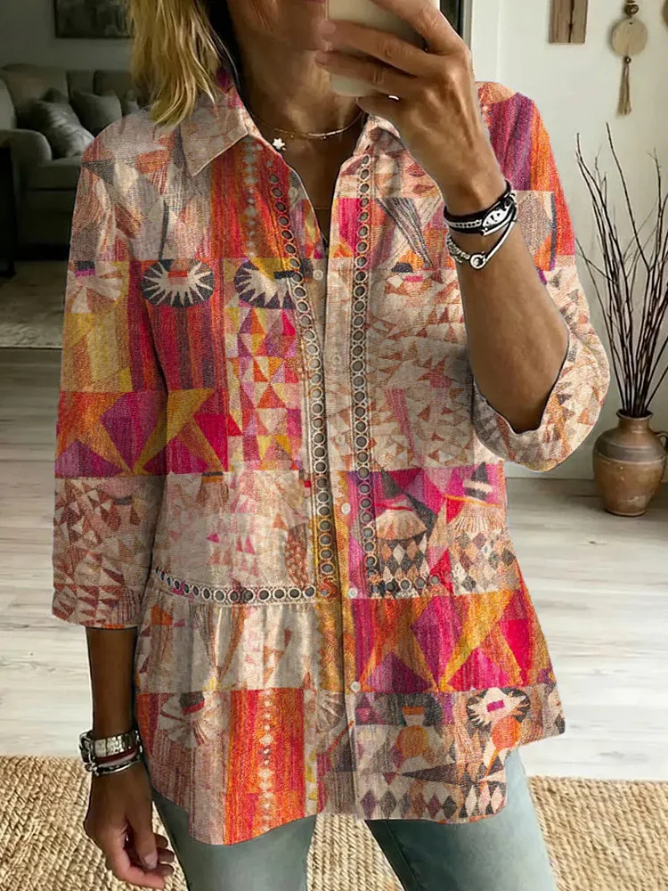 Women's Retro Ethnic Art Print Casual Lapel Cotton Shirt
