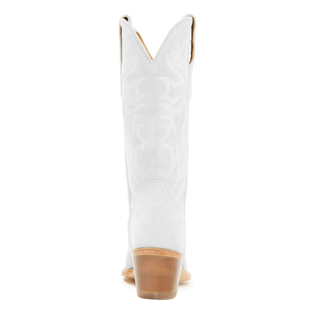 White Chunky Heel Embroidered Classic Cowgirl Boots with Pointed Toe