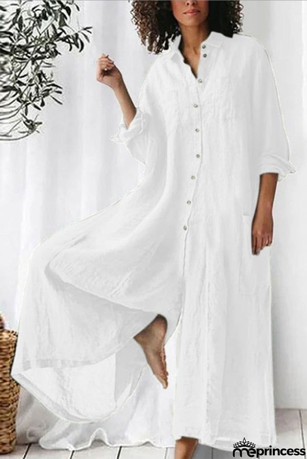 Amaris Cotton and Linen Blend Long Sleeve Loose Wide Leg Shirt Jumpsuit