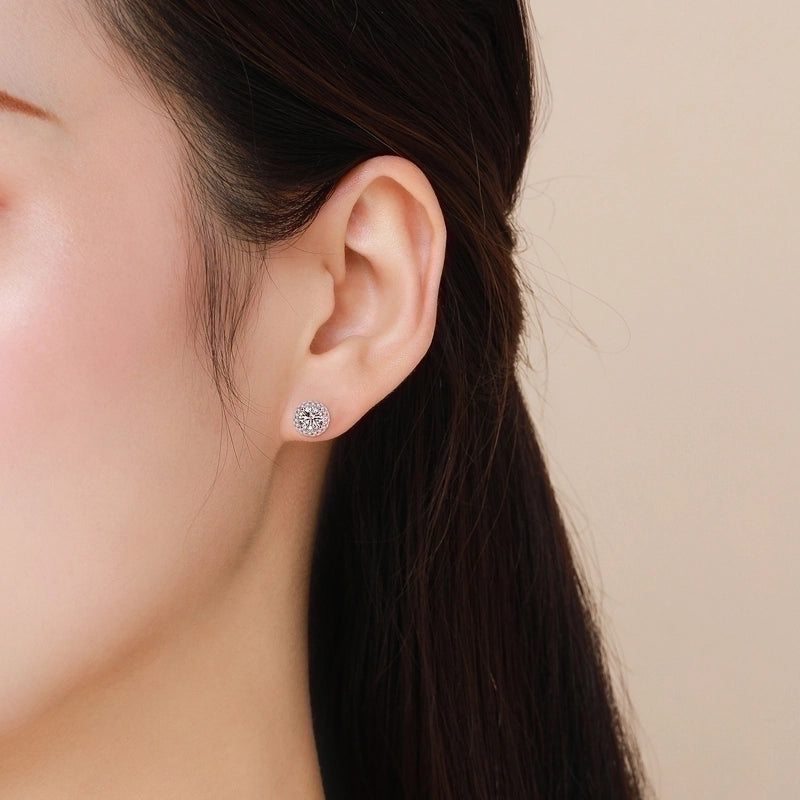 1 Pair 925 Sterling Silver Zircon Round Ear Studs