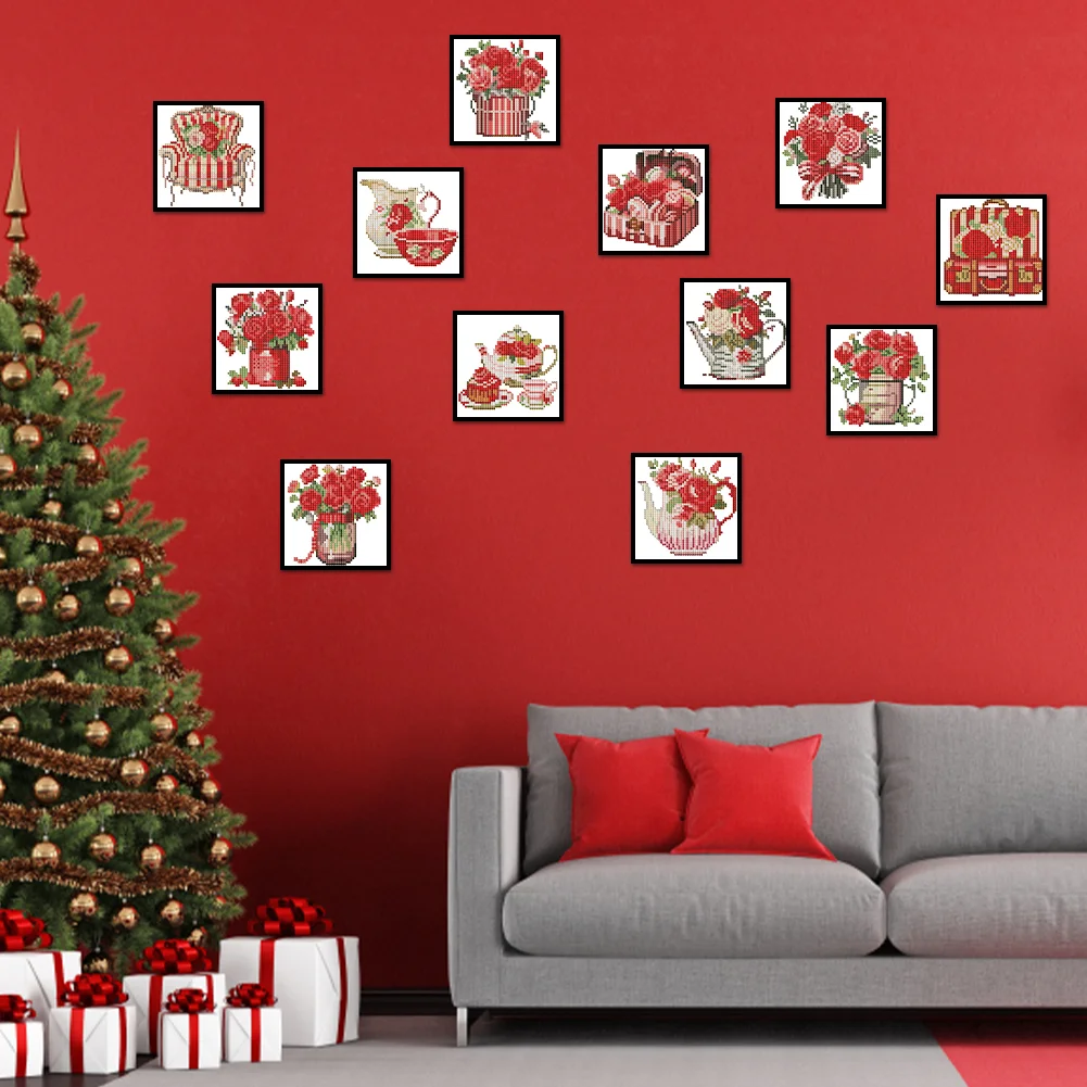 12pcs Flowers DIY Mini Round Diamond Painting Table Decor No Frame15x15cm