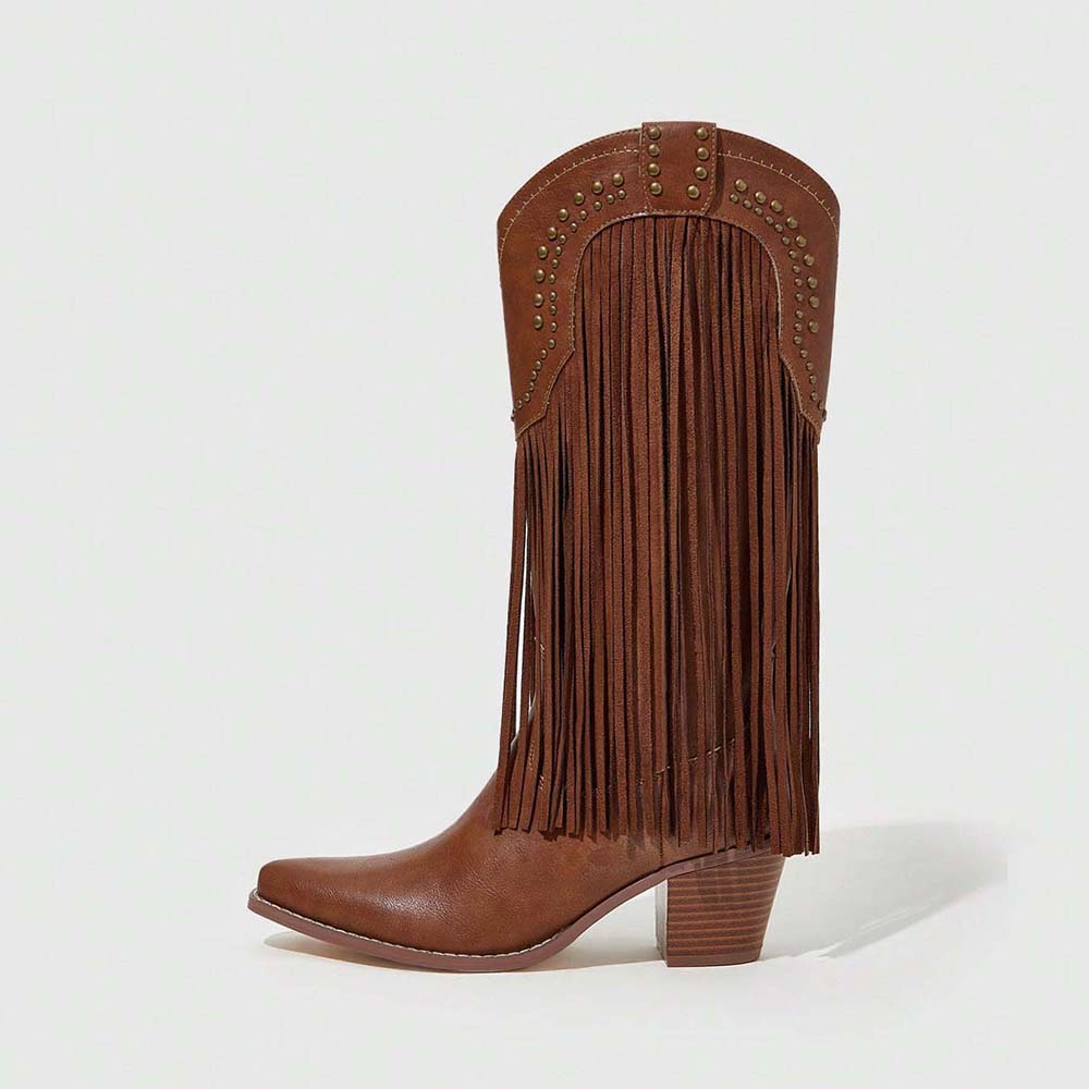 Brown Pointed Toe Block Heeled Shoes Fringe Mid Calf Cowgirl Boots
