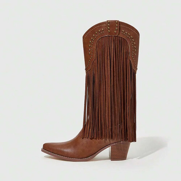 Brown Pointed Toe Block Heeled Shoes Fringe Mid Calf Cowgirl Boots |FSJ Shoes