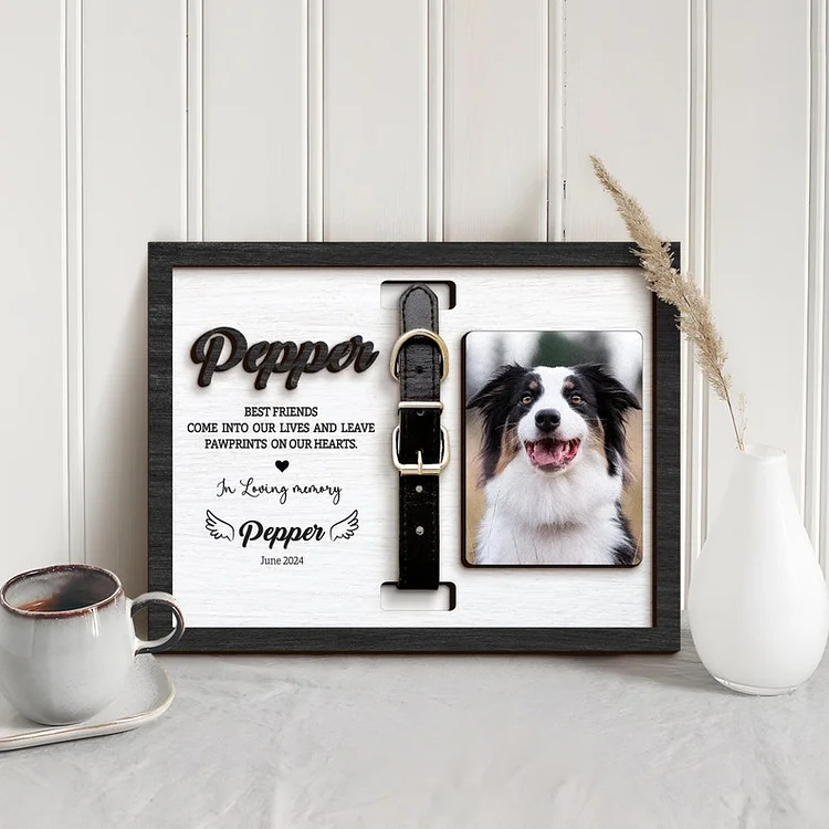 Personalized Dog Memorial Wood Frame With Collar Holder, Memorial Pet Collar Sign with Photo