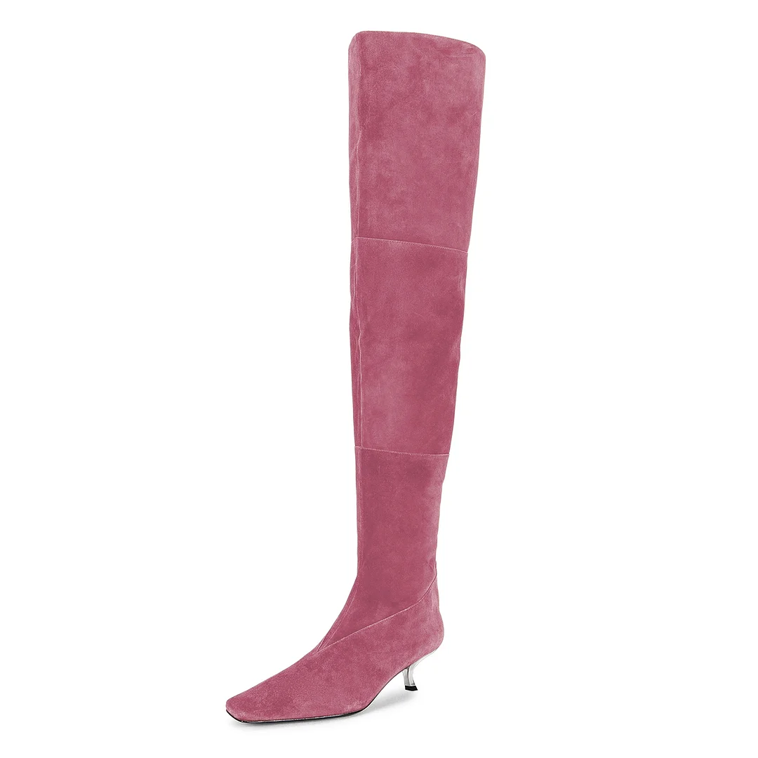 Pink Patchwork Square Toe Metal Comma Heel Thigh High Boots