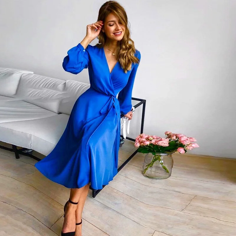 Women Vintage Sashes A-line Party Dress Long Sleeve Sexy V neck Solid Elegant Casual Dress 2020 Summer New Fashion Women Dress