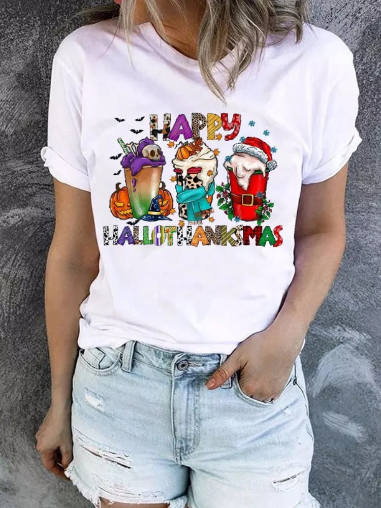 Wearshes Happy Hallothanksmas Coffee Casual Print T Shirt