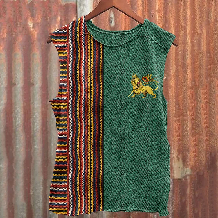 Comstylish Retro Reggae Lion Splicing Stripe Ethnic Art Tank Top