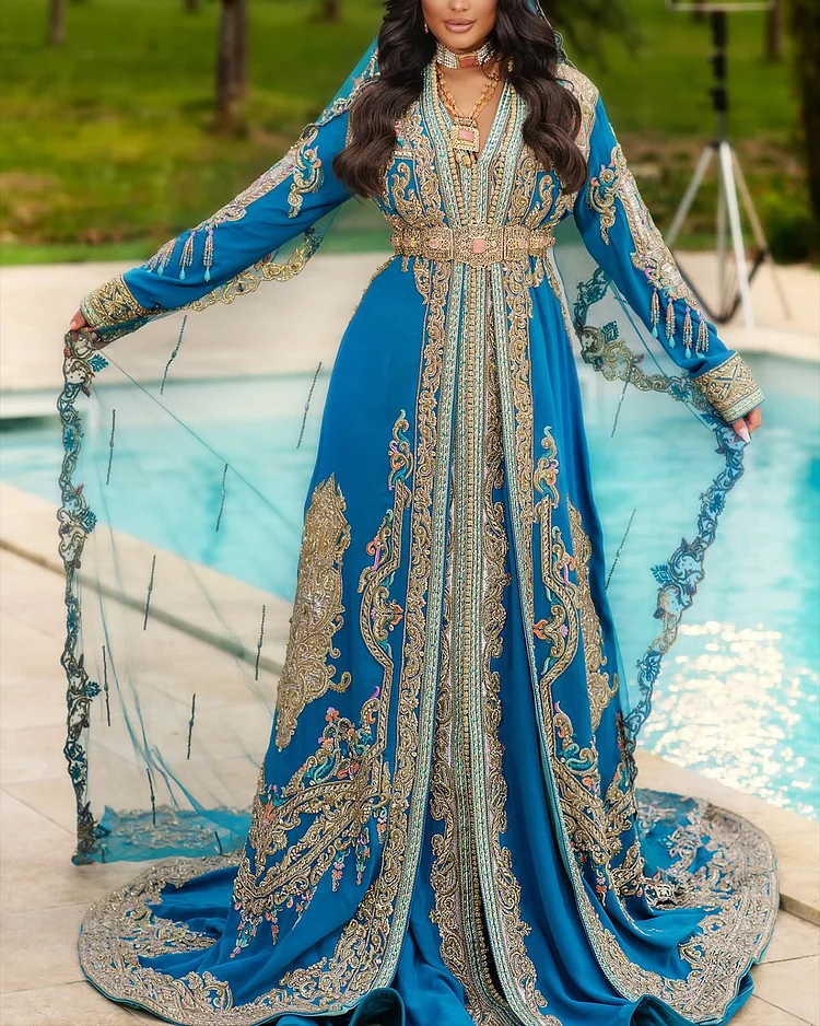 Women's V Neck Long Sleeve Embroidered Dress