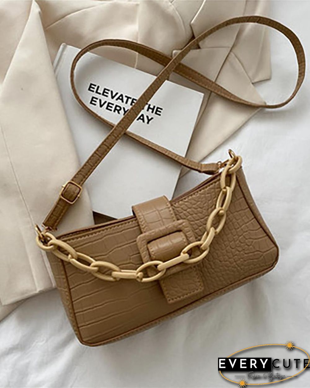 Chain Strap Croc Embossed Baguette Bag