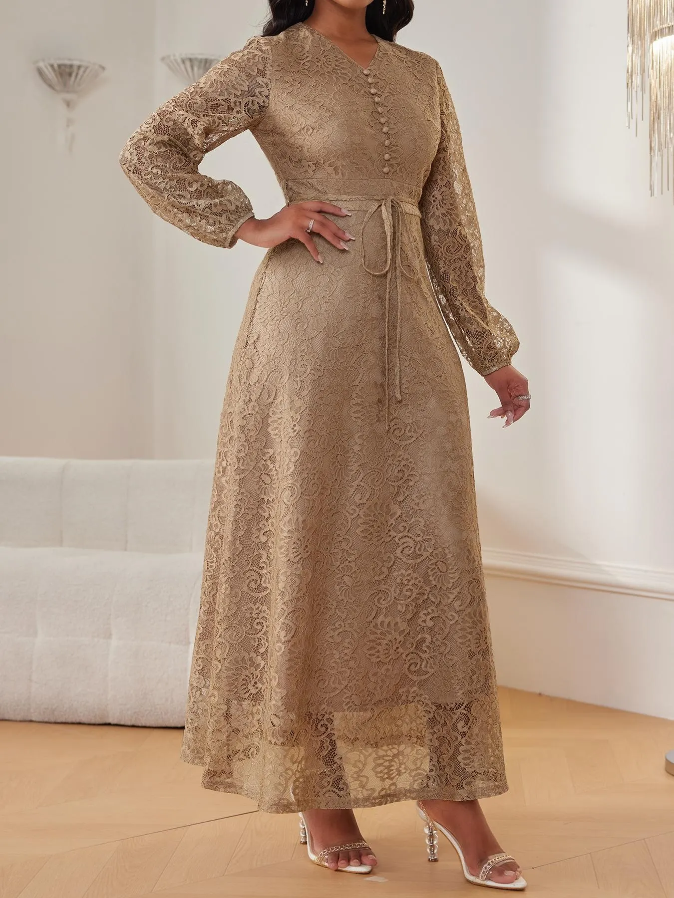 Women's Lace V-Neck Long Sleeve Dress, Elegant Chic Belted Waist, Slim Fit, Plain Color, Wedding Evening Formal Occasion, Spring & Fall