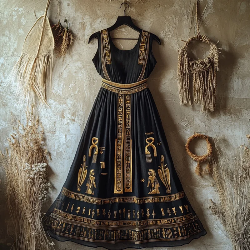 Women's Ankh Ancient Egyptian Folk Embroidered Linen Maxi Dress