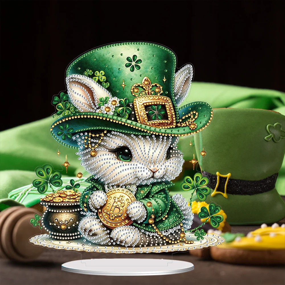 DIY Acrylic St. Patricks Day Rabbit Special Shape Diamond Painting Tabletop Ornament Creative Home Decor & Gift Idea for Adults - Relaxing Craft Activity