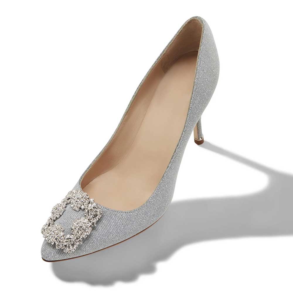 Silver Glitter Almond Toe Stiletto Heel Rhinestone Buckle Pumps Shoes Nicepairs