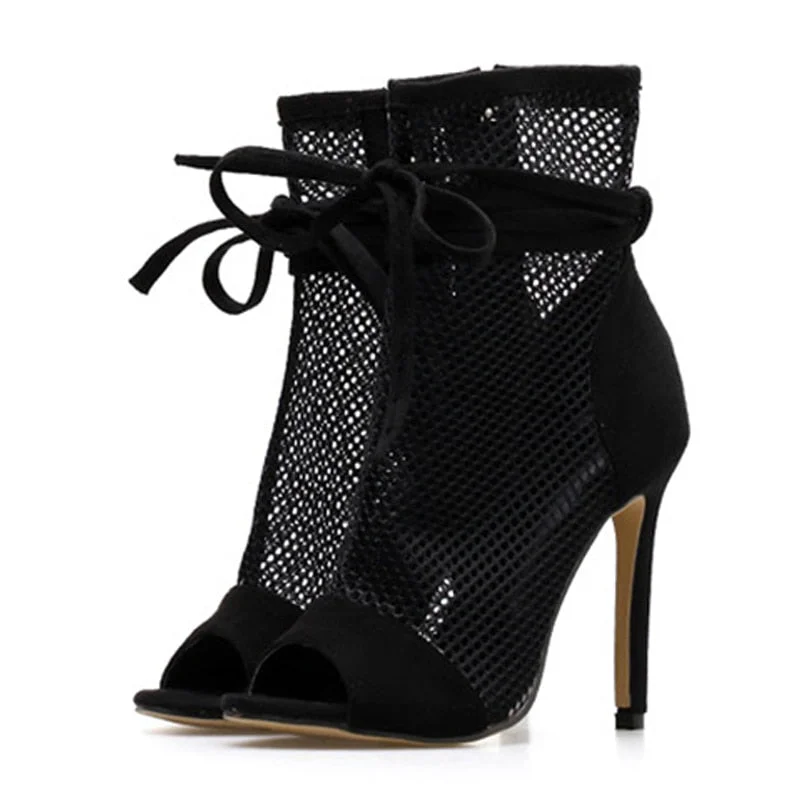 Spring Autumn New Sexy Mesh Ankle Boots Sandals Women Peep Toe Stiletto Heels Fashion Zip Lace Up Ladies Club Party Dance Shoes