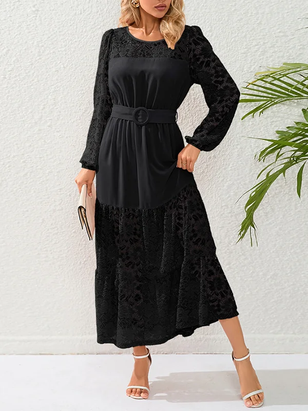 Split-Joint Solid Color Mesh Elasticity Belted Puff Sleeves Loose Round-Neck Maxi Dresses