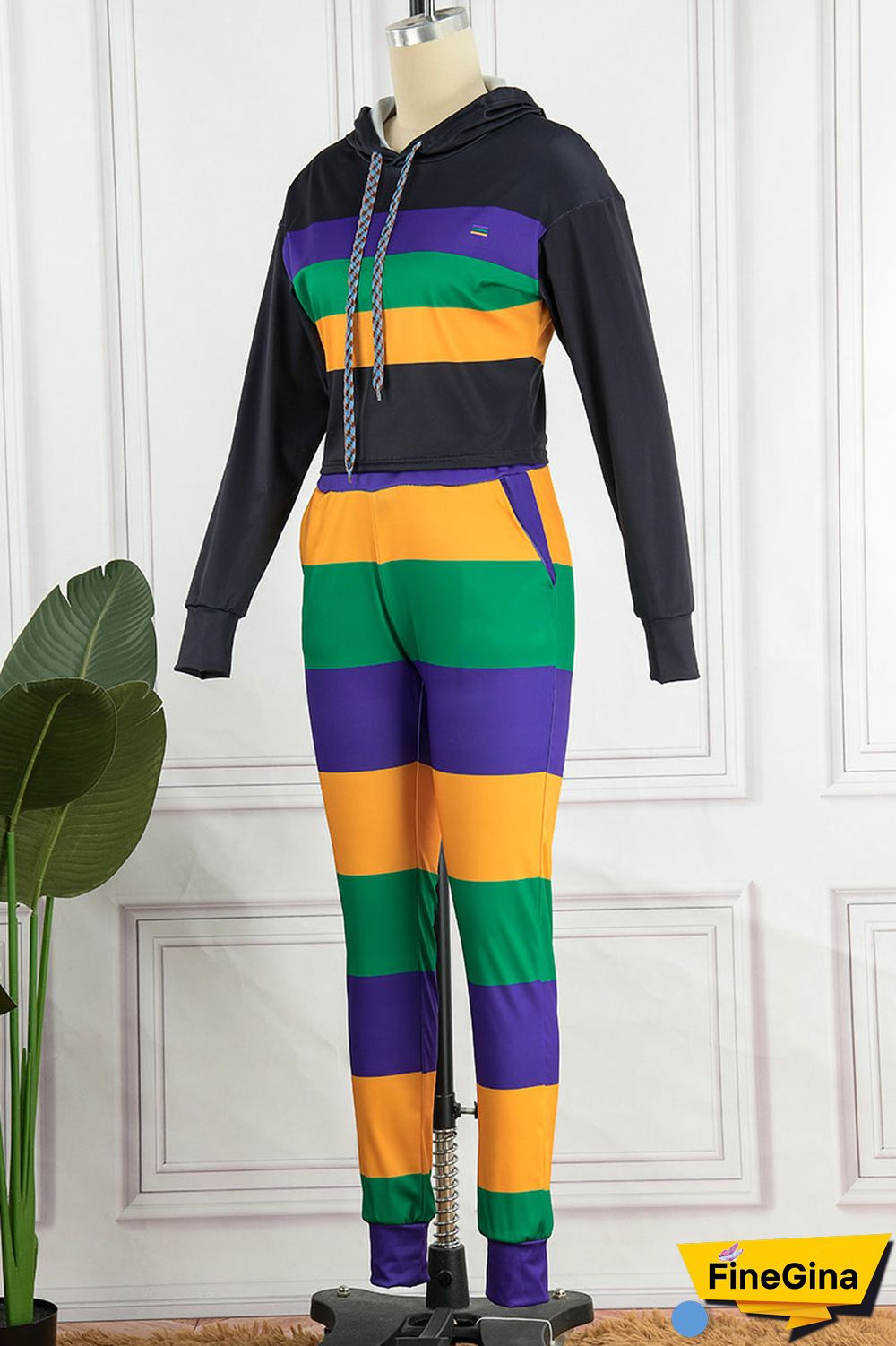 White Casual Striped Print Patchwork Hooded Collar Long Sleeve Two Pieces