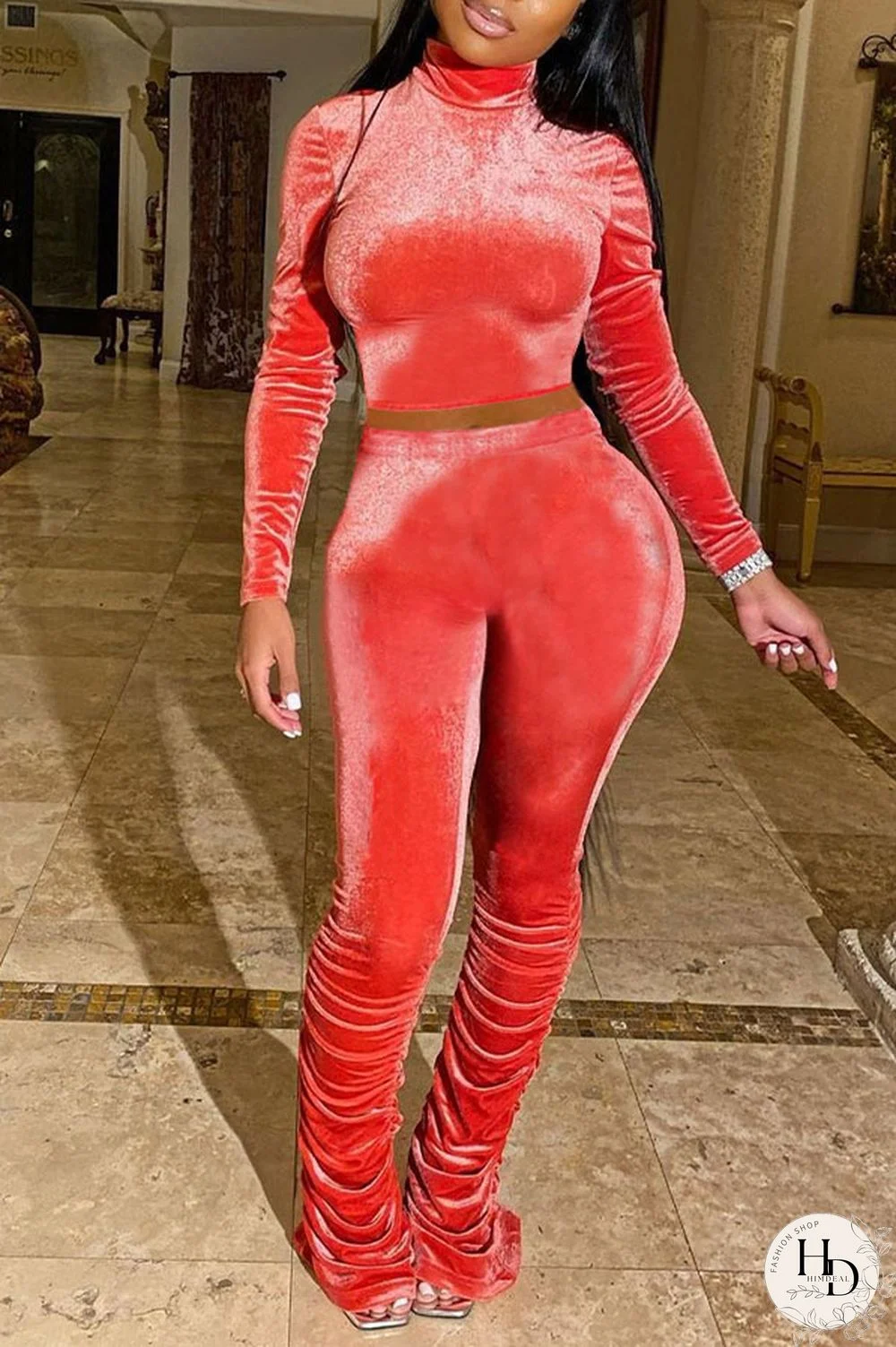 Red Sexy Polyester Solid Split Joint Turtleneck Long Sleeve Regular Sleeve Two Pieces